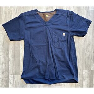Carhartt Top Scrub Mens Ripstop Short Sleeve Size Small Blue Pocket V-Neck Force